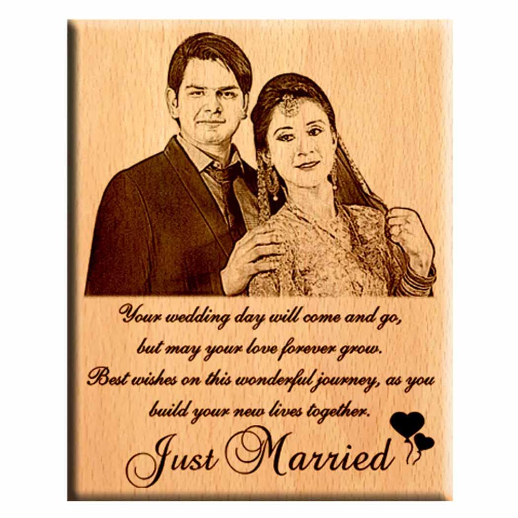 Giftanna Personalized Unique Wedding Anniversary/Just Married Gift - Wooden Engraved Photo Plaque/Frame (8x6 inches)