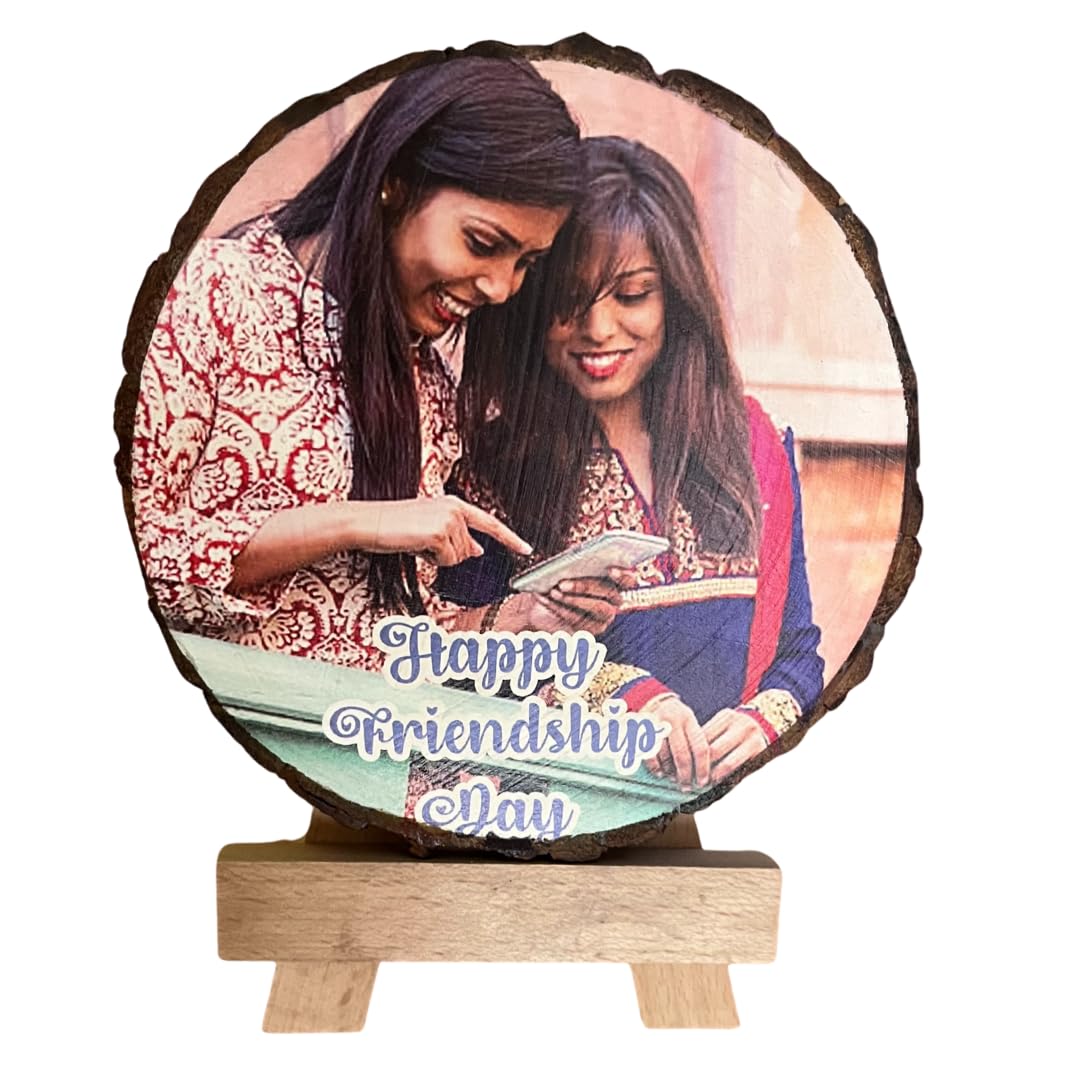 Giftanna Personalized Friendship Day Gift | Round Wooden Photo Plaque 5.5 Inch | UV Printed with Wooden Stand