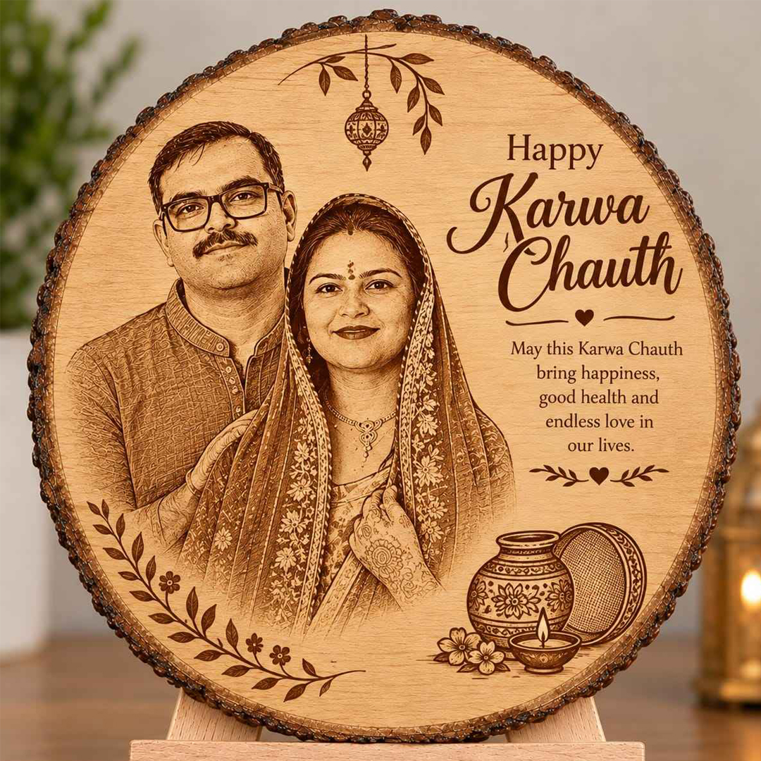 Giftana Engraved Wooden Slice Karwa Chauth Photo Plaque