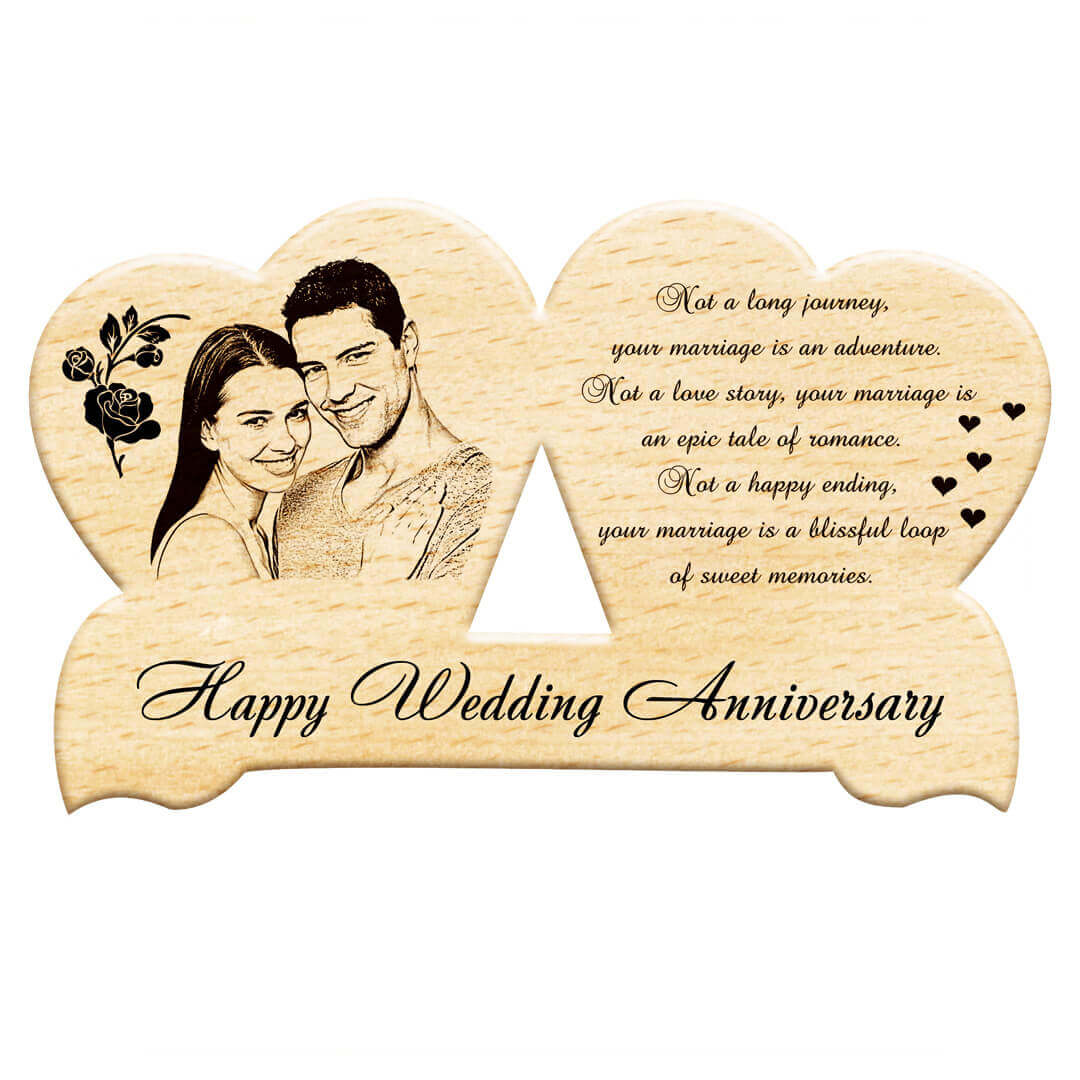 Personalize Wedding Anniversary Special Unique Gift - Double Heart Wooden Engraved Photo Plaque/Photo Frame